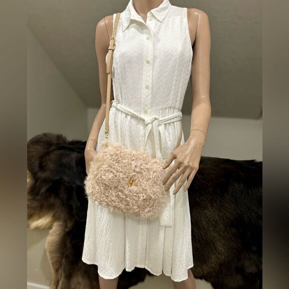 Beige Genuine Curly Shearling Top Handle & Fold Over Flap Purse, Crossbody - Picture 5 of 13